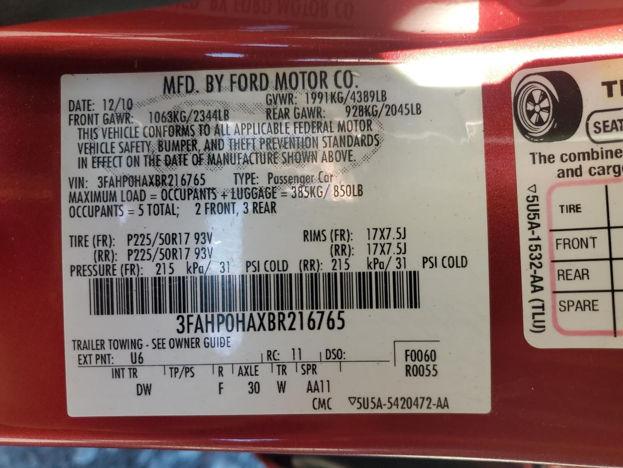 2011 Ford Fusion Se VIN: 3FAHP0HAXBR216765 Lot: 86057215