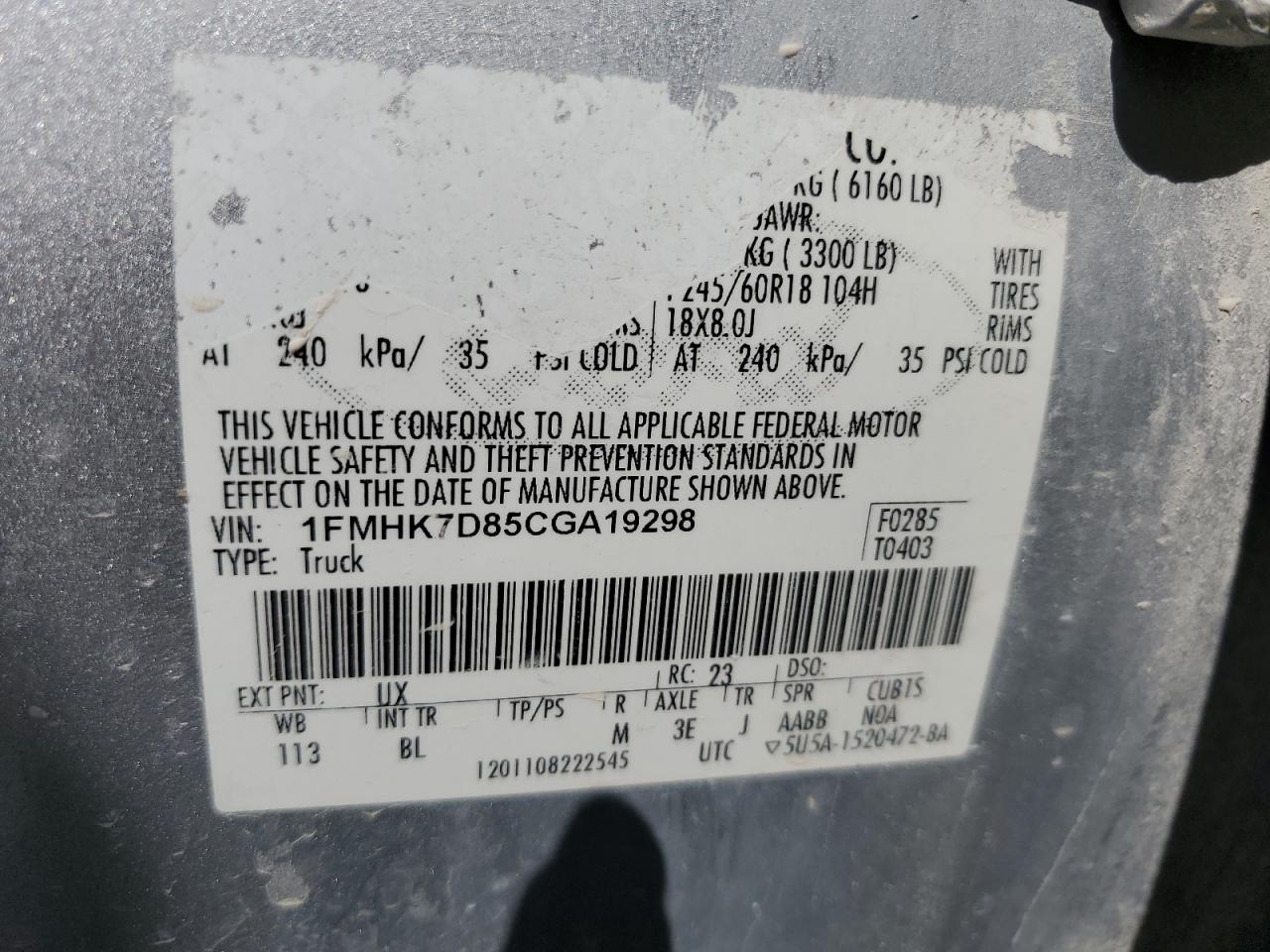 2012 Ford Explorer Xlt VIN: 1FMHK7D85CGA19298 Lot: 85105925