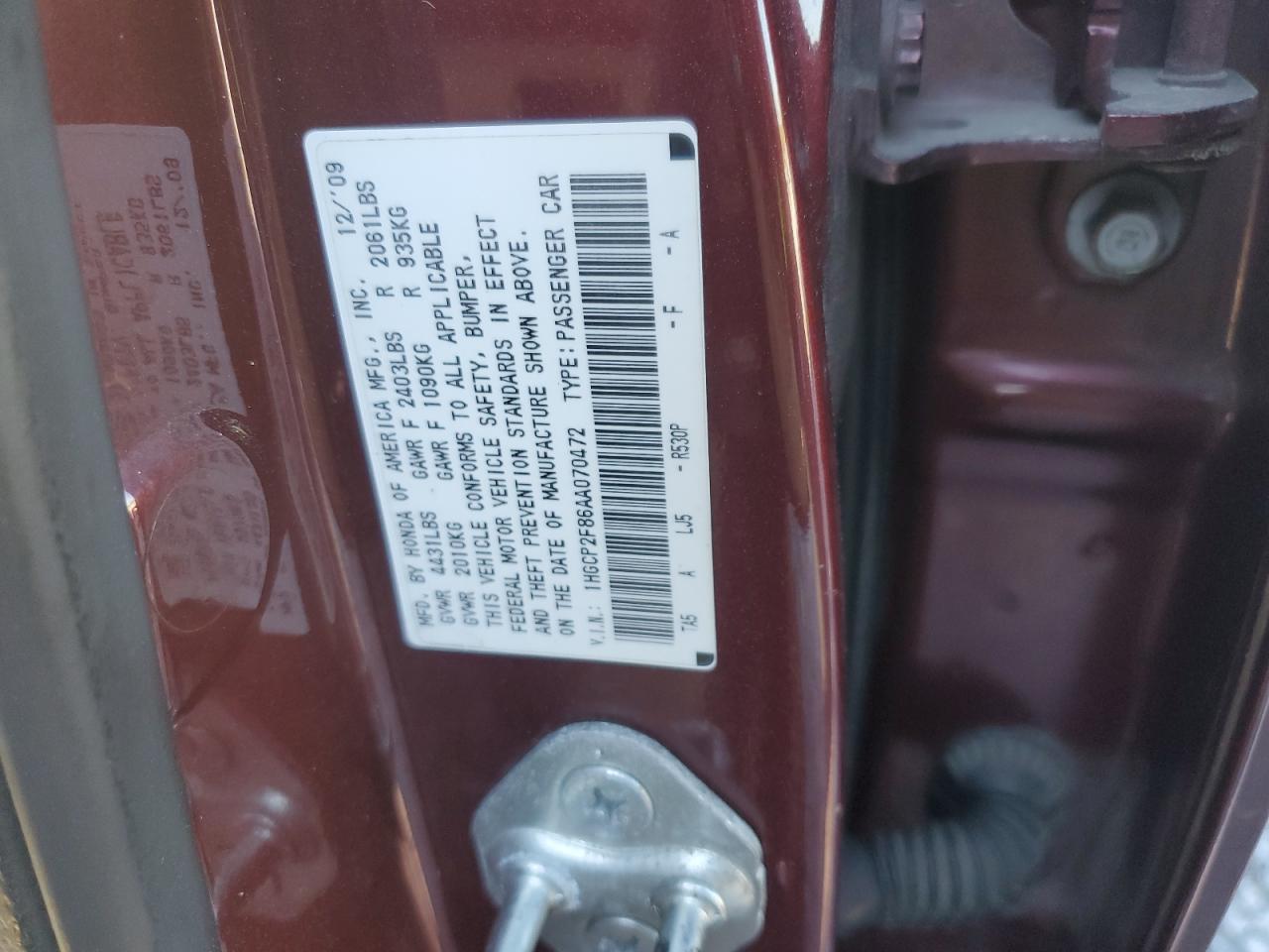 2010 Honda Accord Exl VIN: 1HGCP2F86AA070472 Lot: 82365715