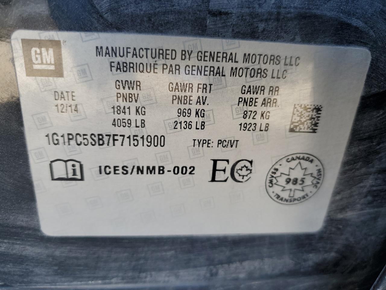 2015 Chevrolet Cruze Lt VIN: 1G1PC5SB7F7151900 Lot: 84610515