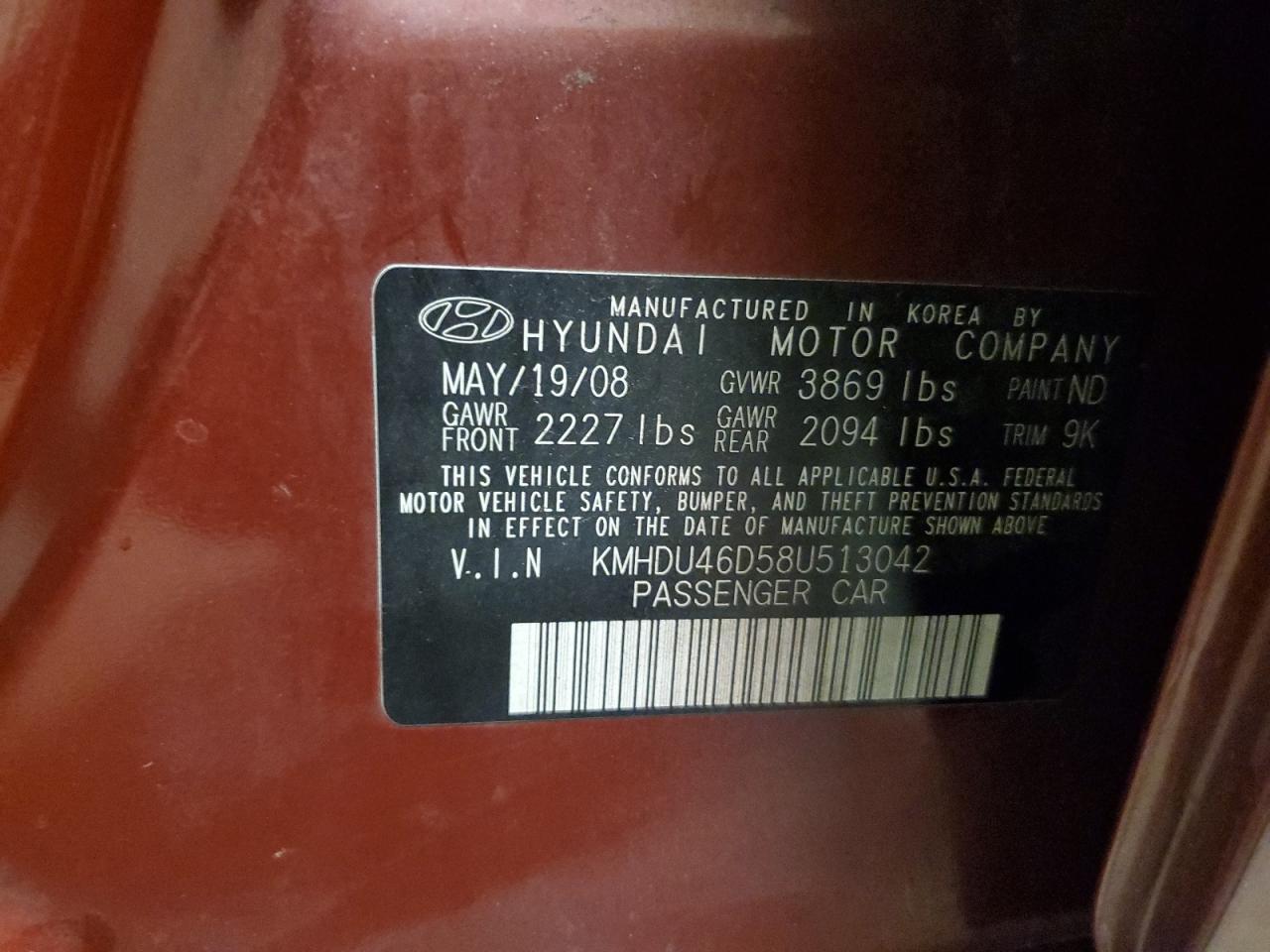 2008 Hyundai Elantra Gls VIN: KMHDU46D58U513042 Lot: 86316185