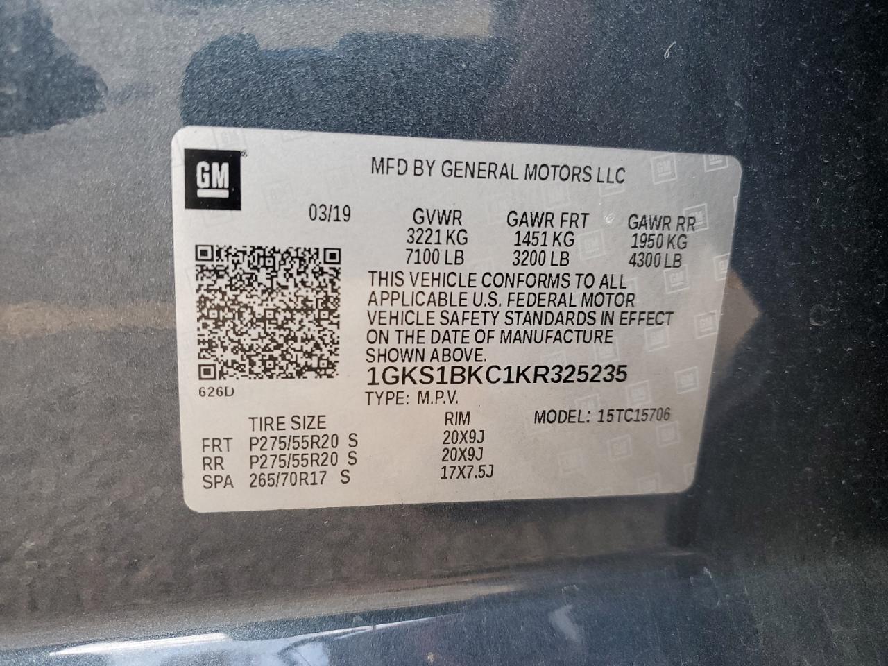 2019 GMC Yukon Slt VIN: 1GKS1BKC1KR325235 Lot: 85153165