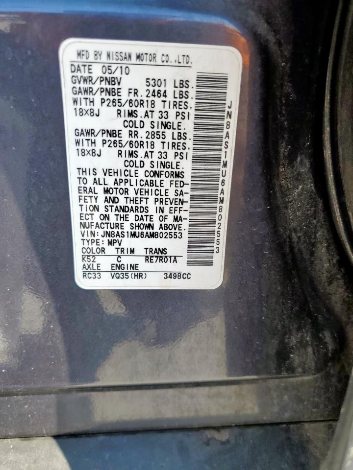 2010 Infiniti Fx35 VIN: JN8AS1MU6AM802553 Lot: 85351965