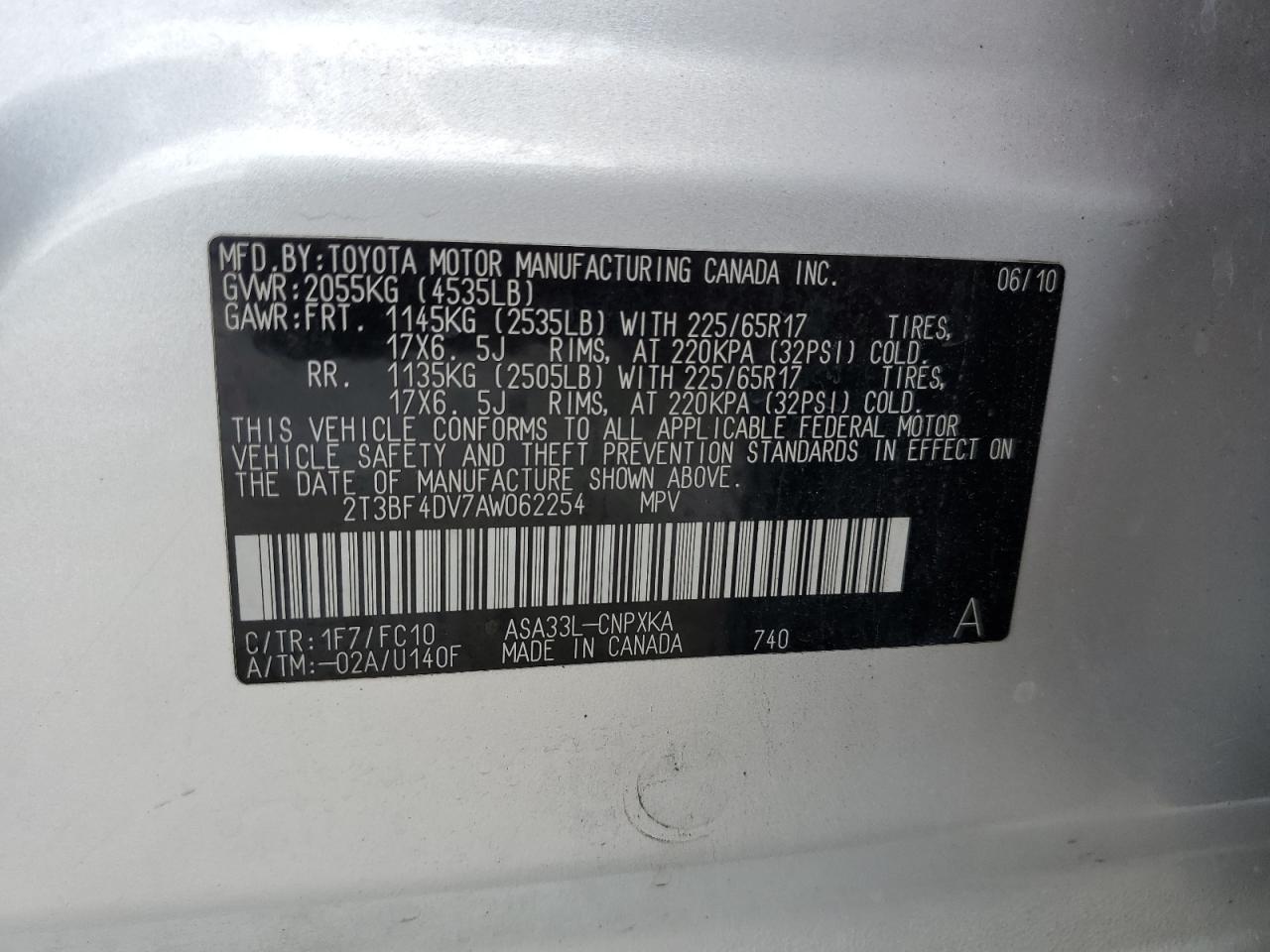 2010 Toyota Rav4 VIN: 2T3BF4DV7AW062254 Lot: 90978795