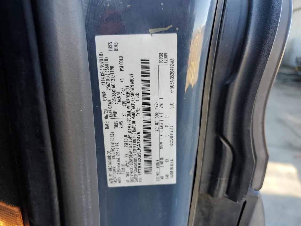 2020 Ford Transit T-250 VIN: 1FTBR3X85LKA72476 Lot: 85395275