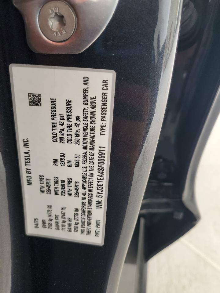 2025 Tesla Model 3 VIN: 5YJ3E1EA4SF009911 Lot: 87032465