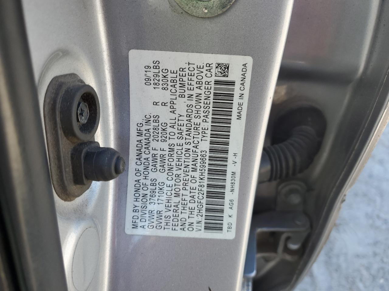 2019 Honda Civic Sport VIN: 2HGFC2F81KH599663 Lot: 84989605