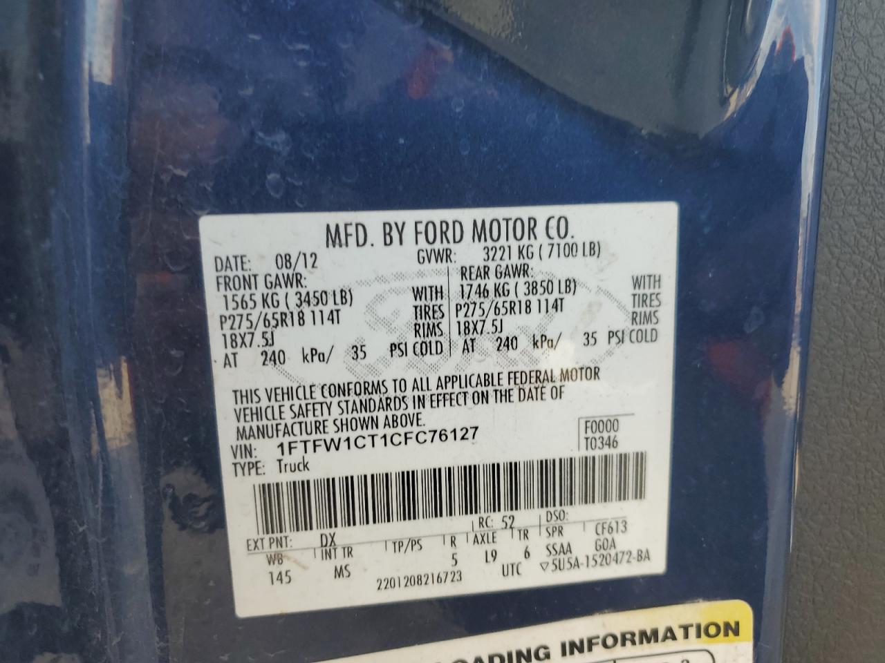 2012 Ford F150 Supercrew VIN: 1FTFW1CT1CFC76127 Lot: 82628735