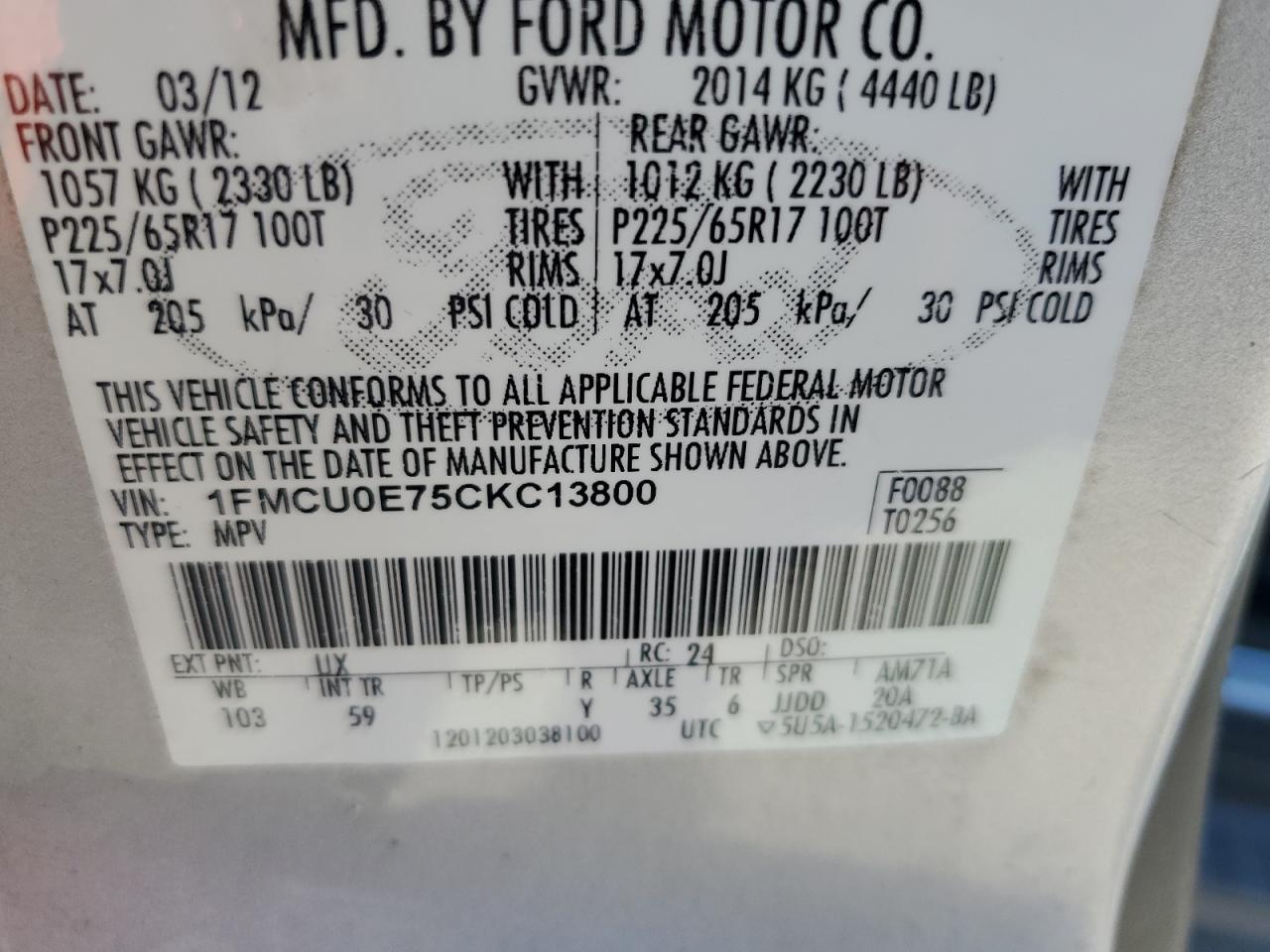 2012 Ford Escape Limited VIN: 1FMCU0E75CKC13800 Lot: 86434035