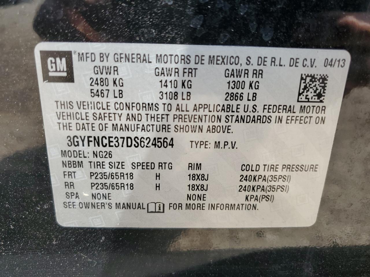 2013 Cadillac Srx Luxury Collection VIN: 3GYFNCE37DS624564 Lot: 84247525