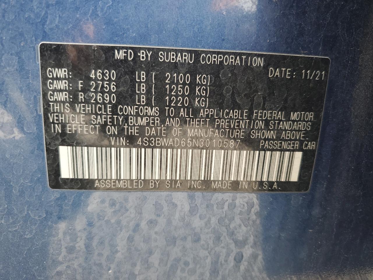 2022 Subaru Legacy Premium VIN: 4S3BWAD65N3010587 Lot: 85480355