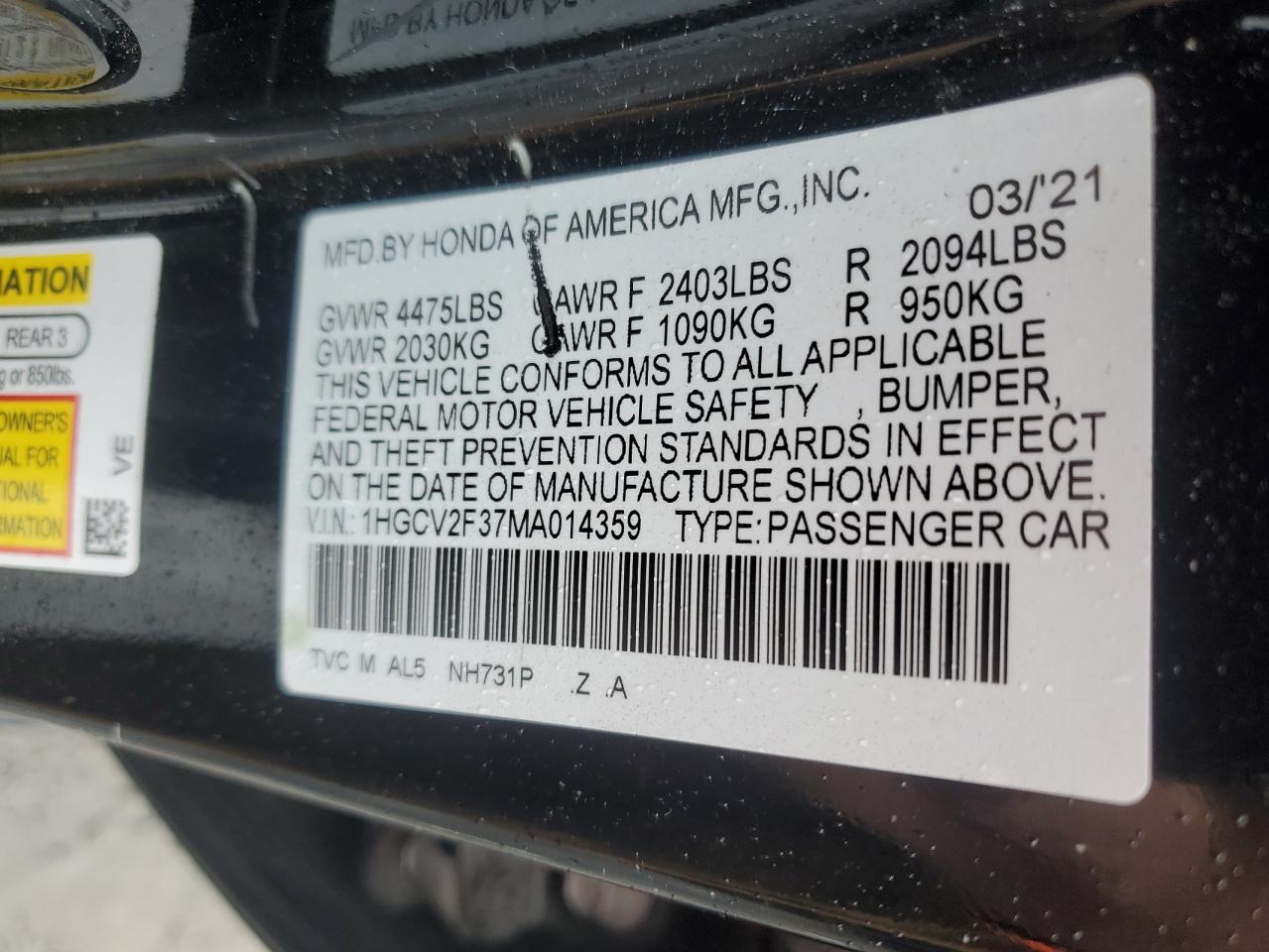 2021 Honda Accord Sport VIN: 1HGCV2F37MA014359 Lot: 86469795