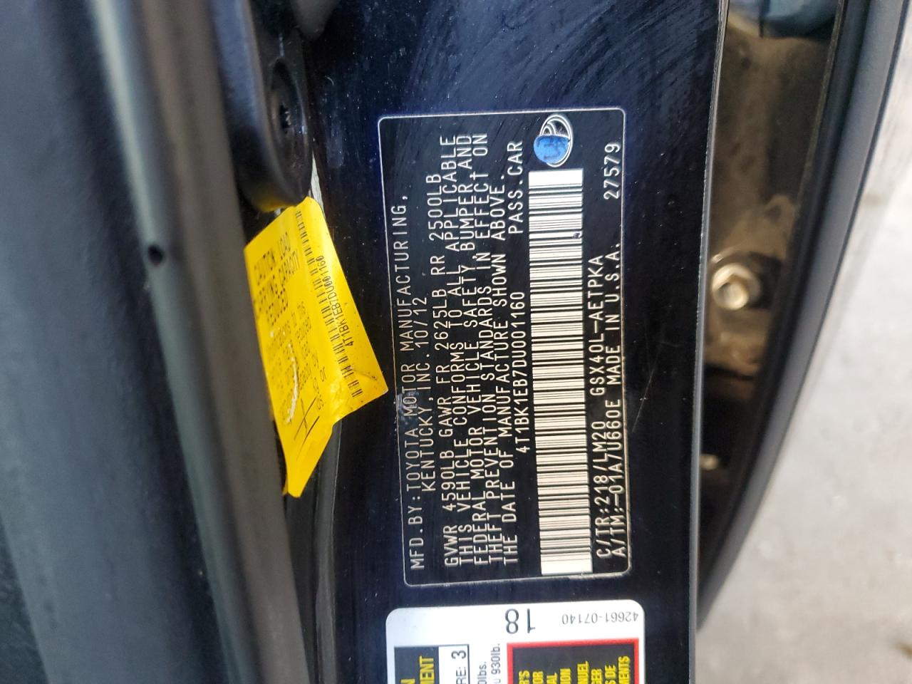 2013 Toyota Avalon Base VIN: 4T1BK1EB7DU001160 Lot: 85927395