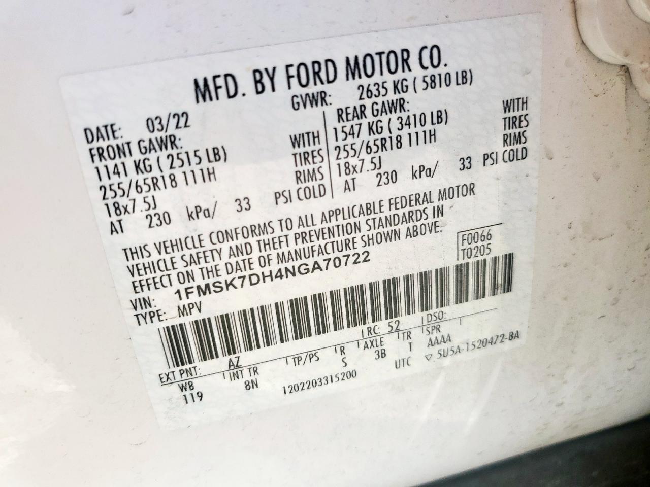 2022 Ford Explorer Xlt VIN: 1FMSK7DH4NGA70722 Lot: 82197395