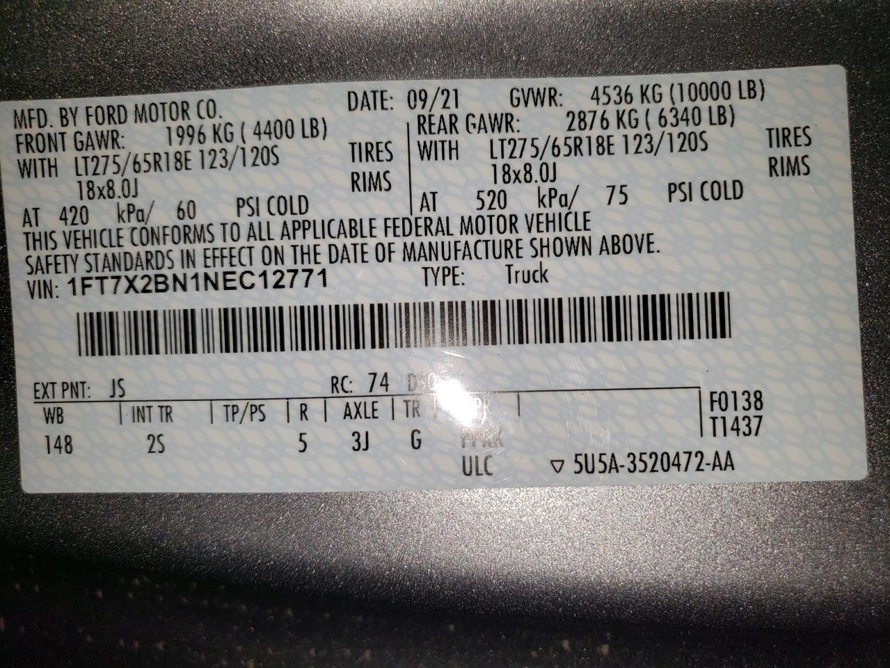 2022 Ford F250 Super Duty VIN: 1FT7X2BN1NEC12771 Lot: 82365495