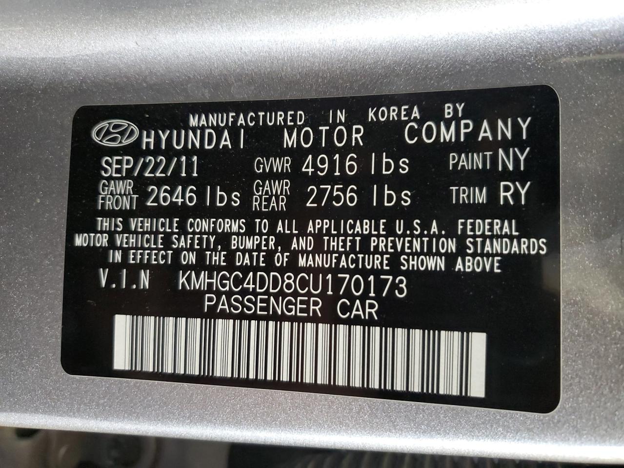 2012 Hyundai Genesis 3.8L VIN: KMHGC4DD8CU170173 Lot: 87097585