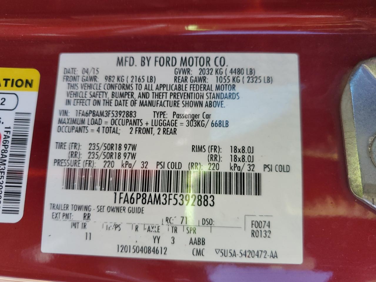 2015 Ford Mustang VIN: 1FA6P8AM3F5392883 Lot: 86172255