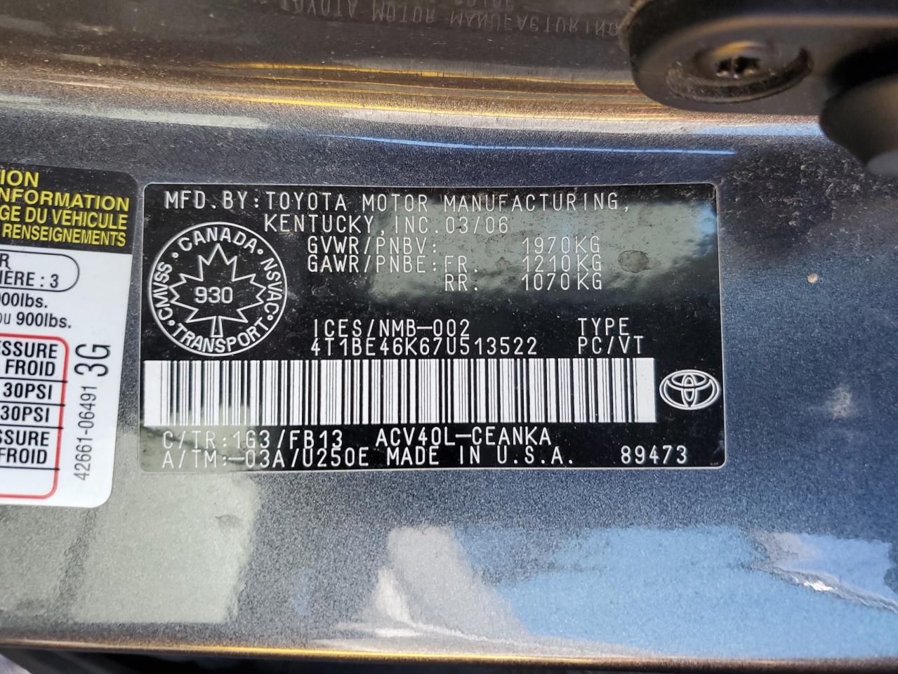 2007 Toyota Camry Ce VIN: 4T1BE46K67U513522 Lot: 85669915