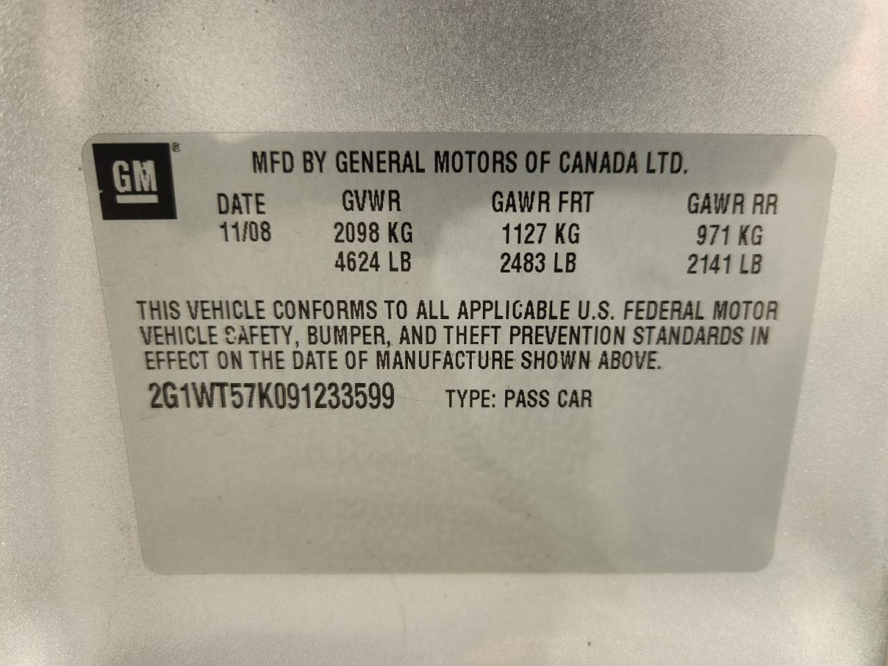 2009 Chevrolet Impala 1Lt VIN: 2G1WT57K091233599 Lot: 84918565