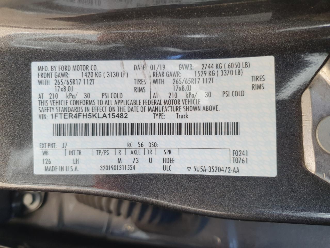 2019 Ford Ranger Xl VIN: 1FTER4FH5KLA15482 Lot: 89837605