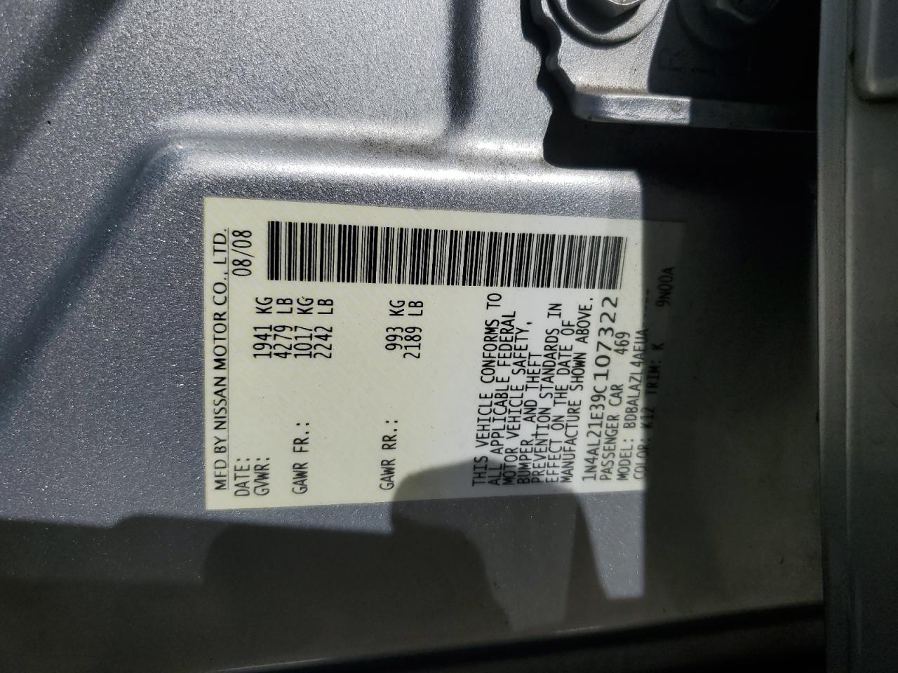 2009 Nissan Altima 2.5 VIN: 1N4AL21E39C107322 Lot: 84861935