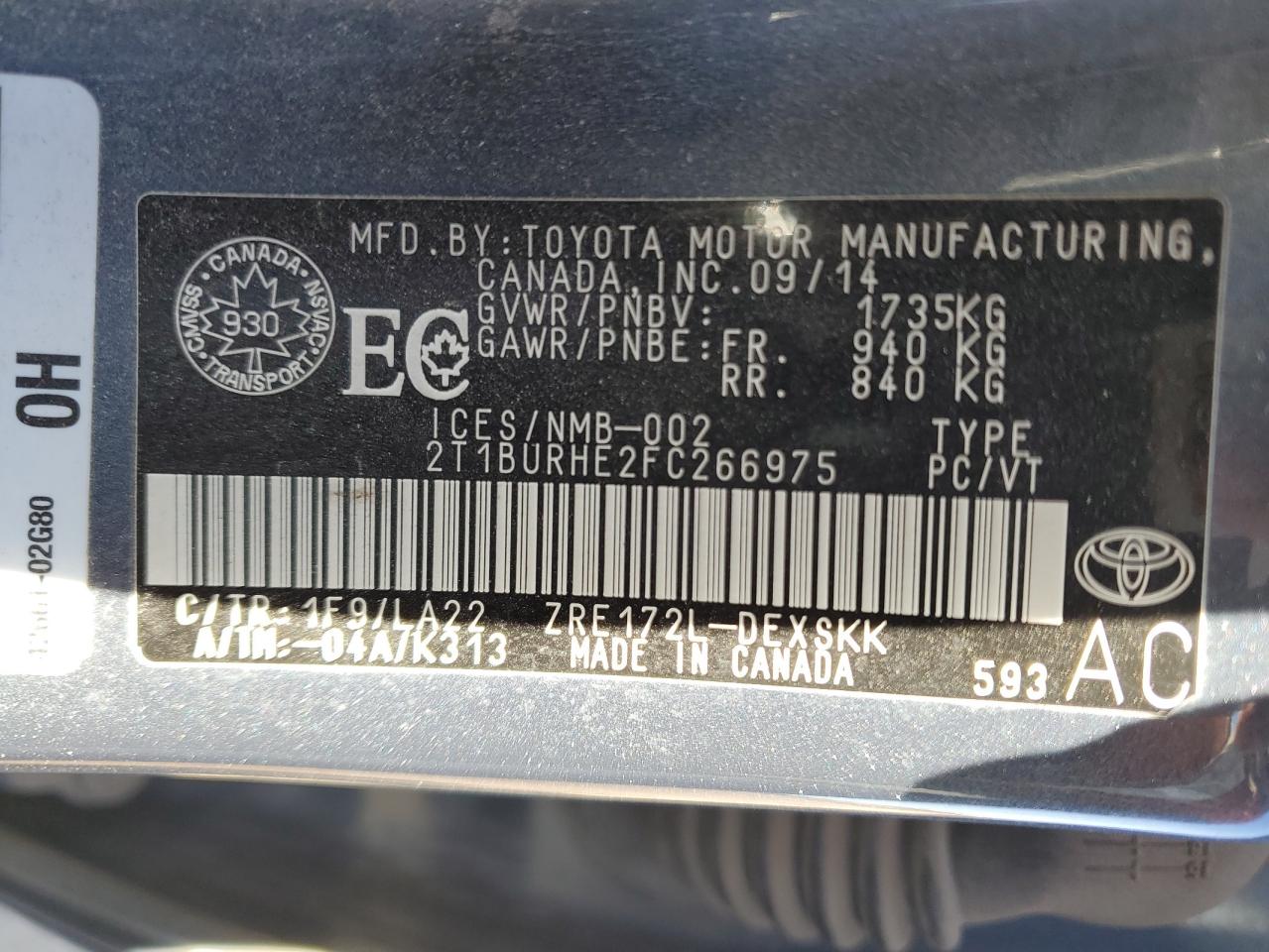 2015 Toyota Corolla L VIN: 2T1BURHE2FC266975 Lot: 86060085