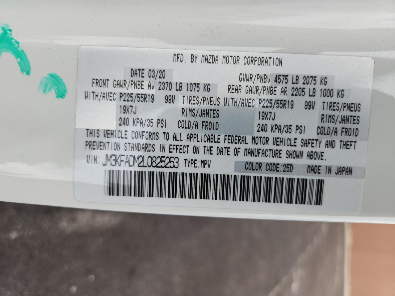 2020 Mazda Cx-5 Grand Touring VIN: JM3KFADM2L0825253 Lot: 86153335