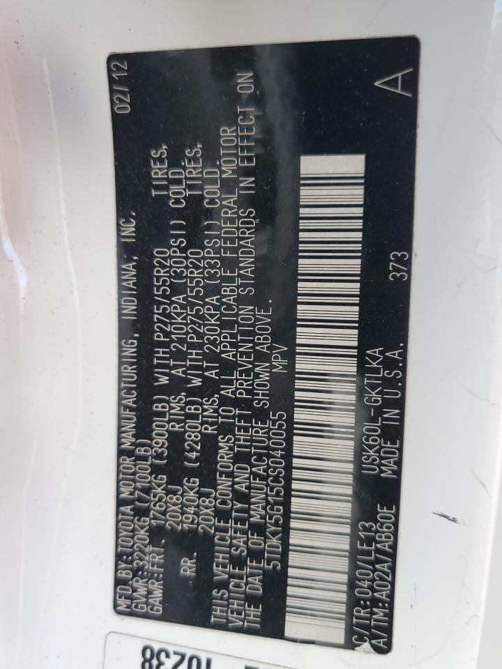 2012 Toyota Sequoia Limited VIN: 5TDKY5G15CS040055 Lot: 89693595