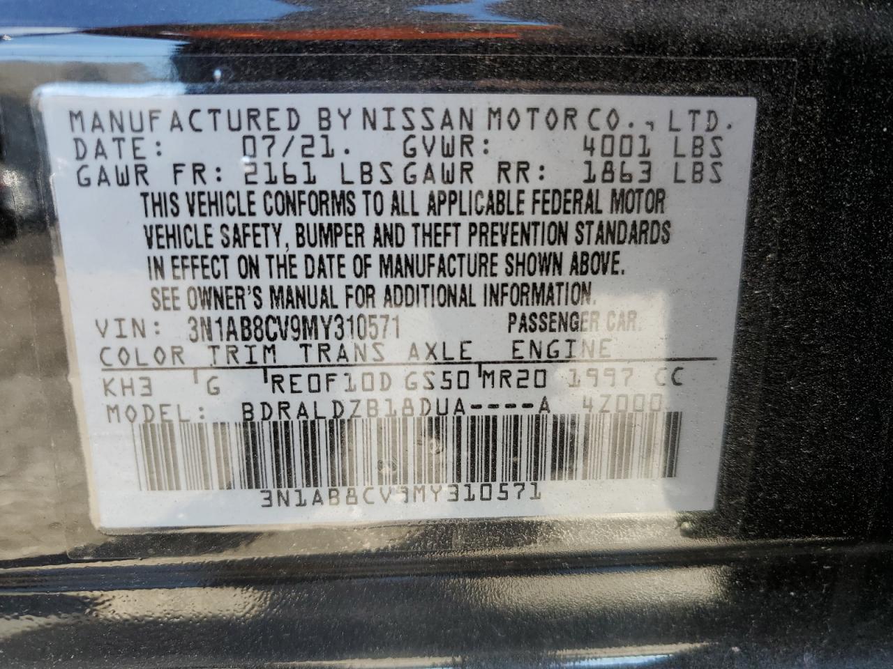 2021 Nissan Sentra Sv VIN: 3N1AB8CV9MY310571 Lot: 85372975