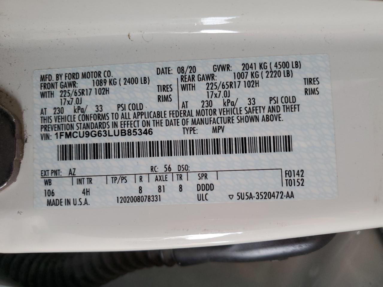 2020 Ford Escape Se VIN: 1FMCU9G63LUB85346 Lot: 85872435