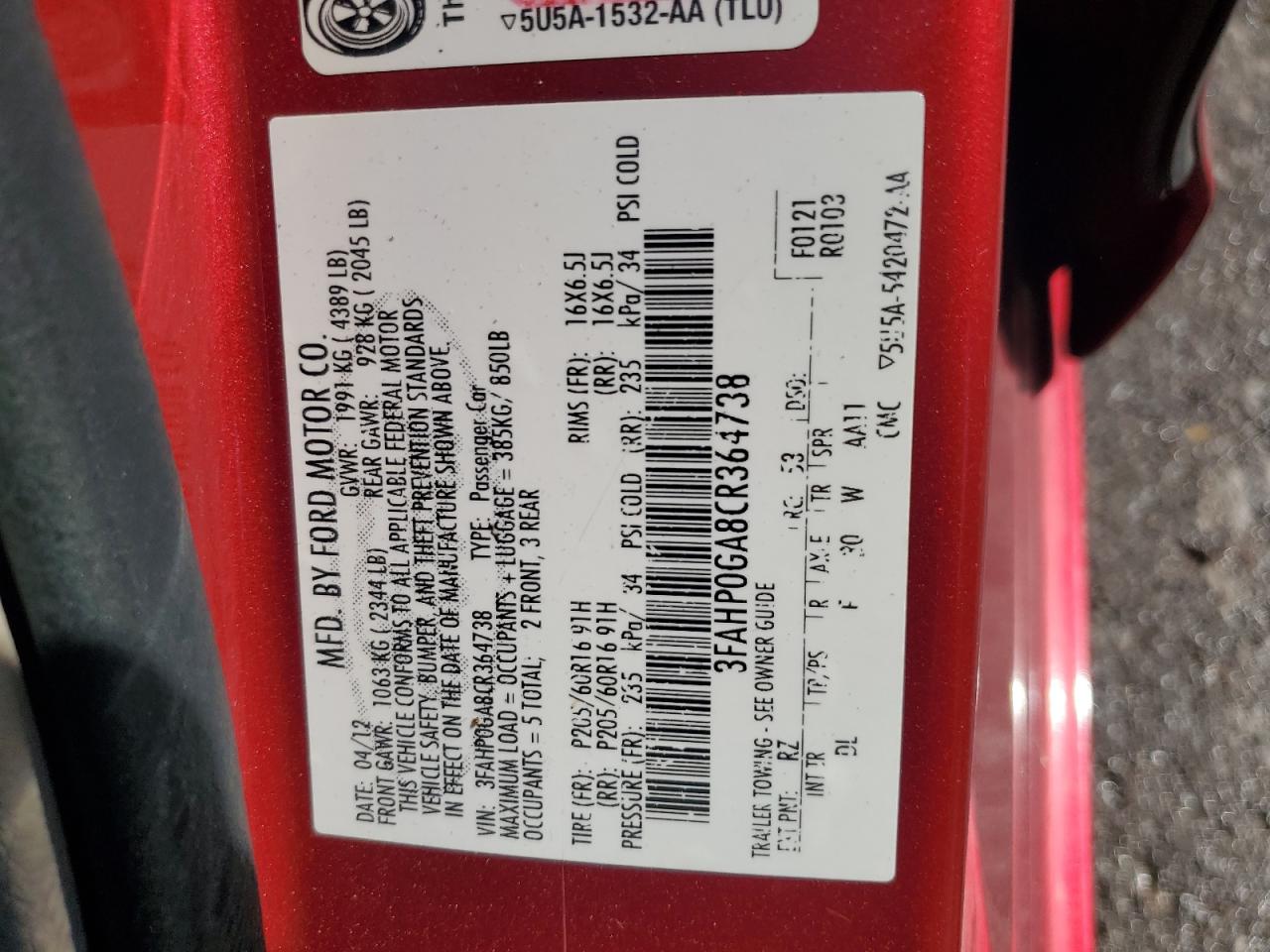 2012 Ford Fusion S VIN: 3FAHP0GA8CR364738 Lot: 84472315