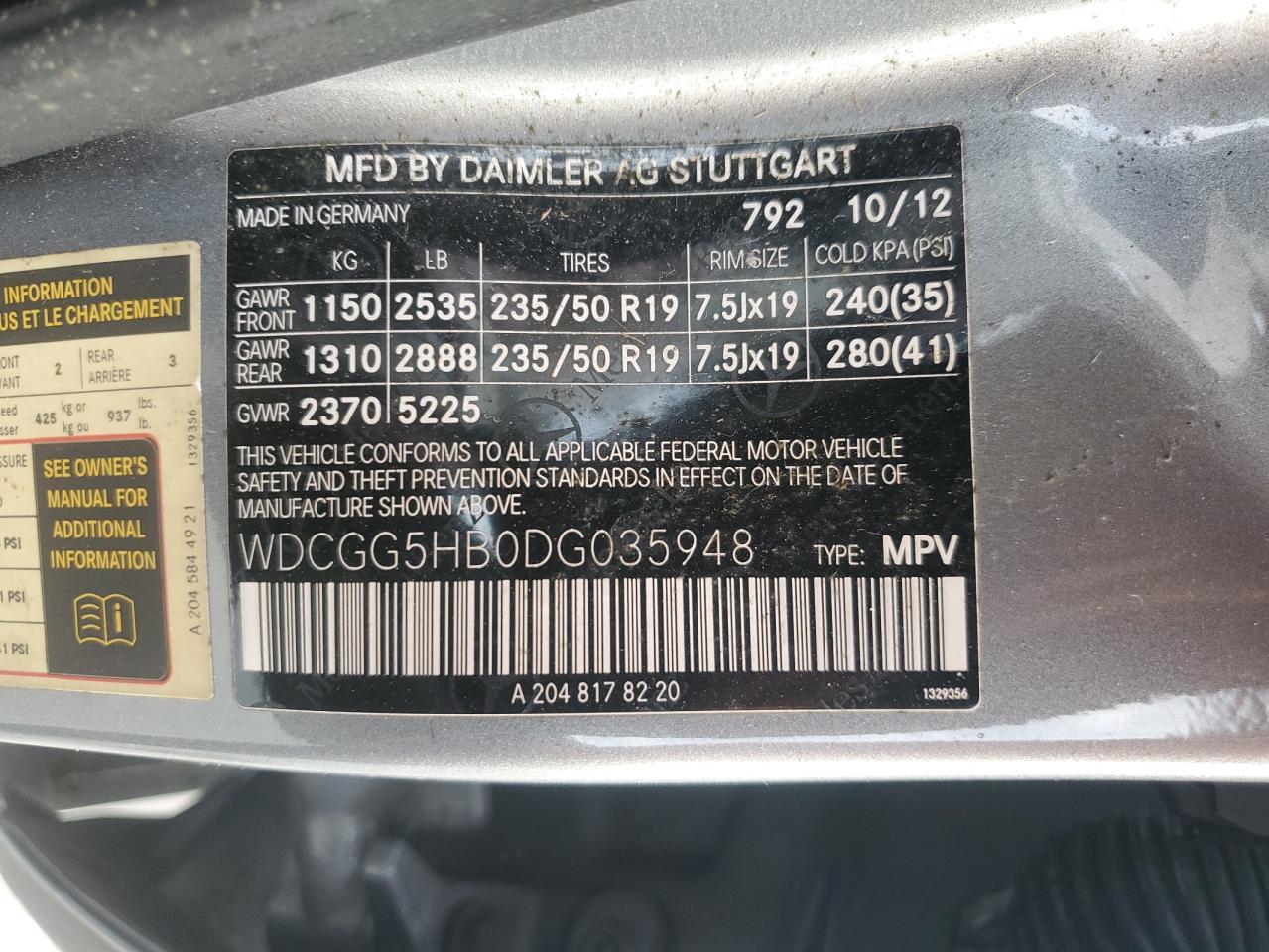 2013 Mercedes-Benz Glk 350 VIN: WDCGG5HB0DG035948 Lot: 84474965