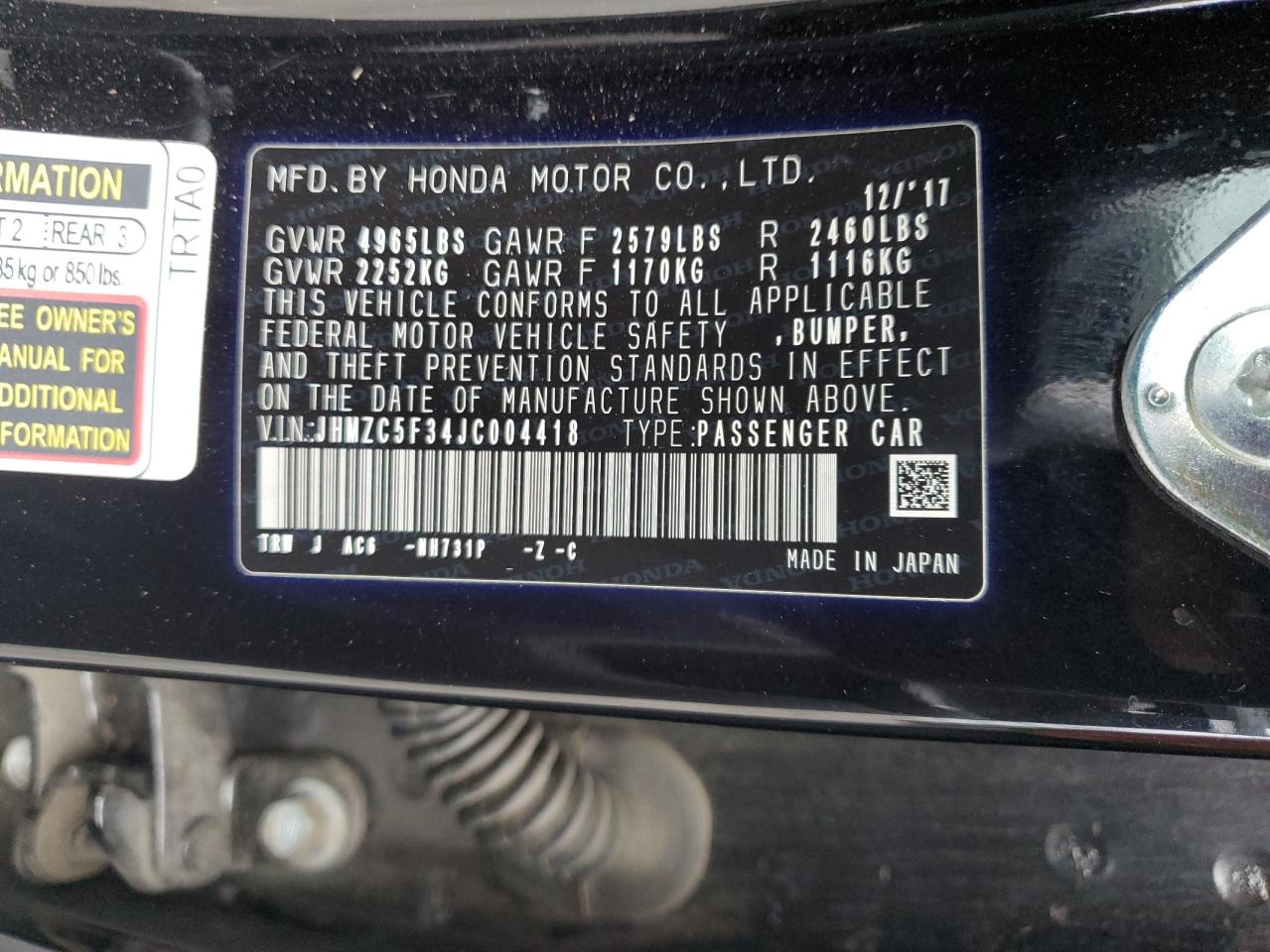 2018 Honda Clarity Touring VIN: JHMZC5F34JC004418 Lot: 85505875