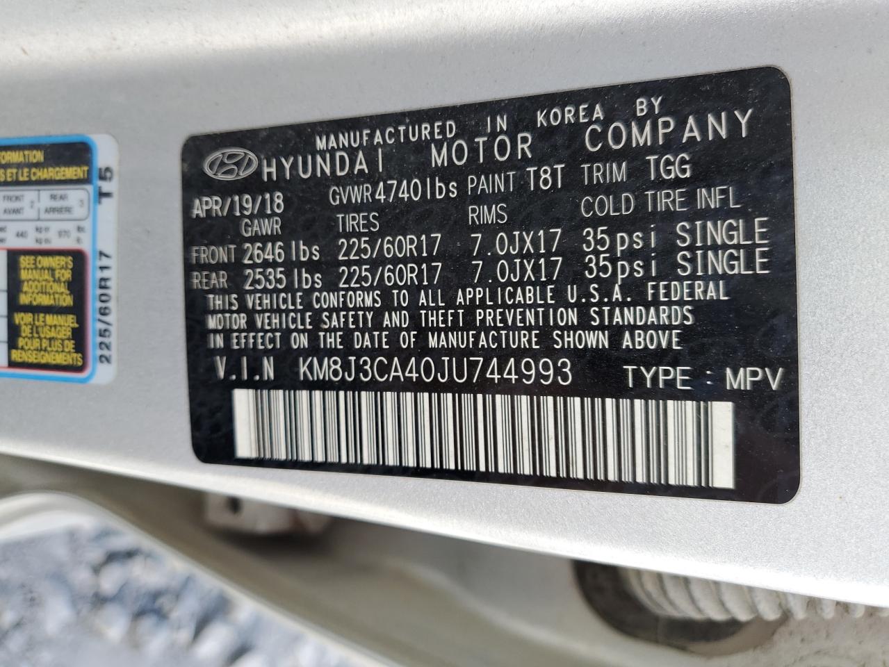 2018 Hyundai Tucson Sel VIN: KM8J3CA40JU744993 Lot: 84003415