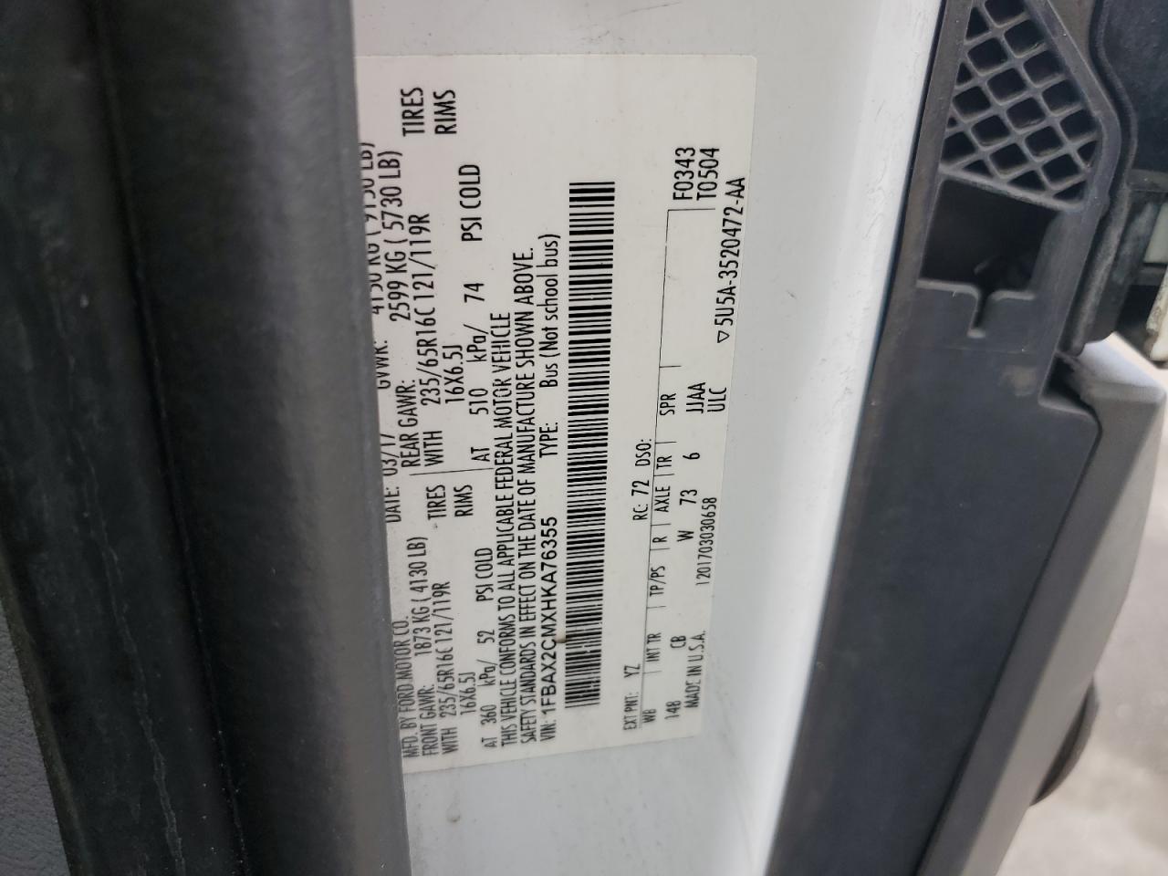 2017 Ford Transit T-350 VIN: 1FBAX2CMXHKA76355 Lot: 86680075