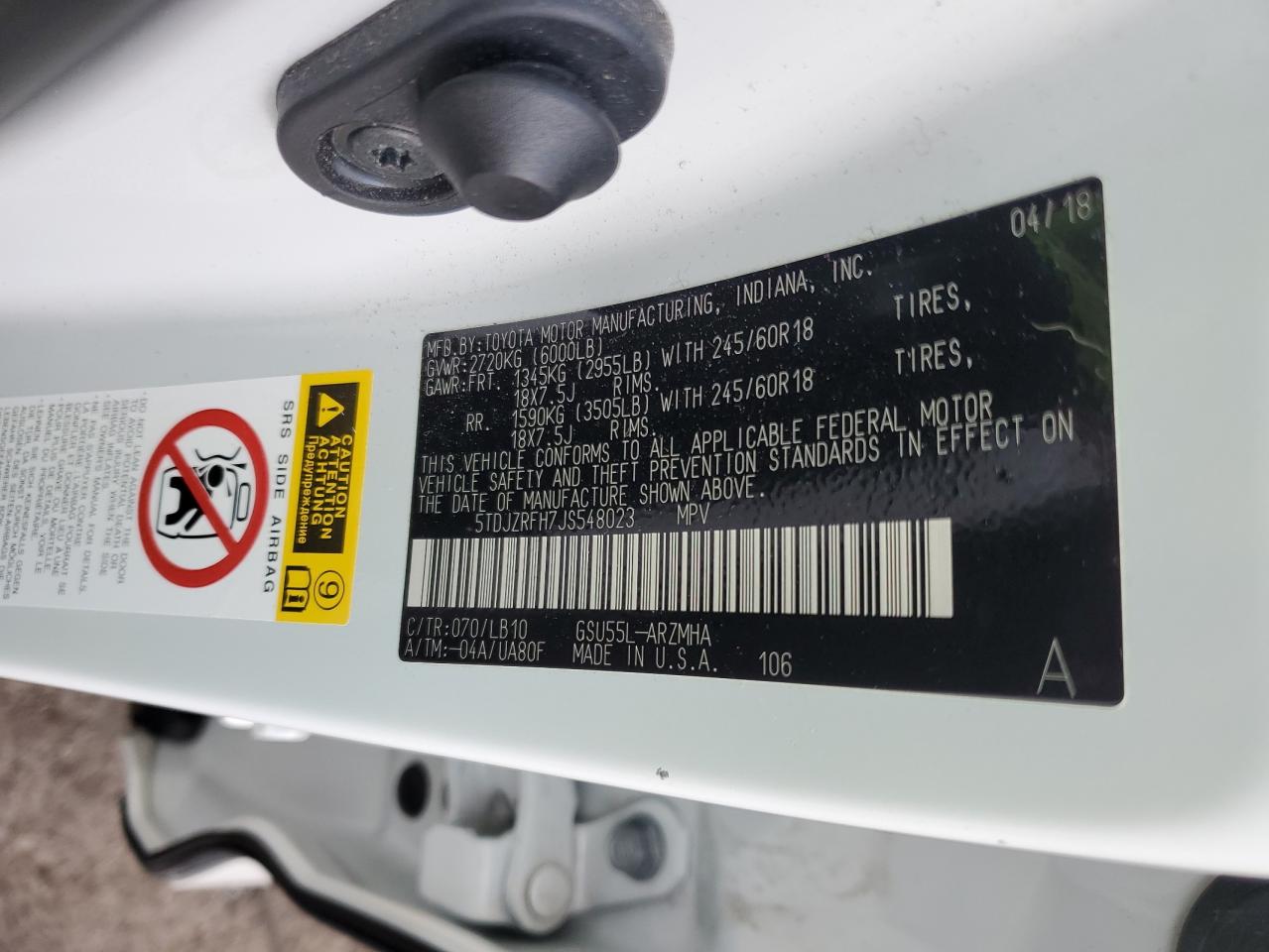 2018 Toyota Highlander Se VIN: 5TDJZRFH7JS548023 Lot: 87095555