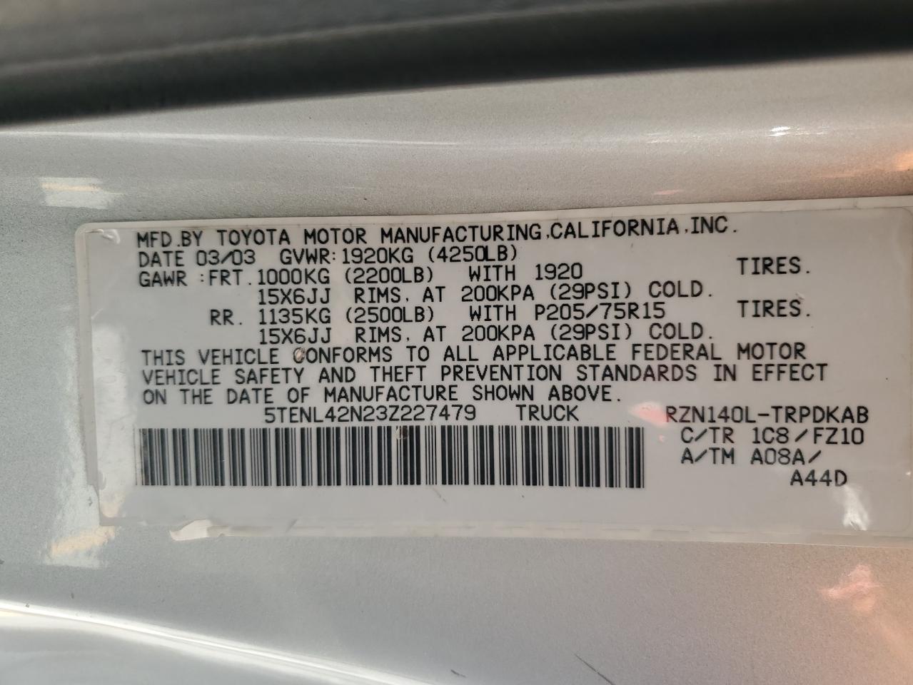 2003 Toyota Tacoma VIN: 5TENL42N23Z227479 Lot: 85126975