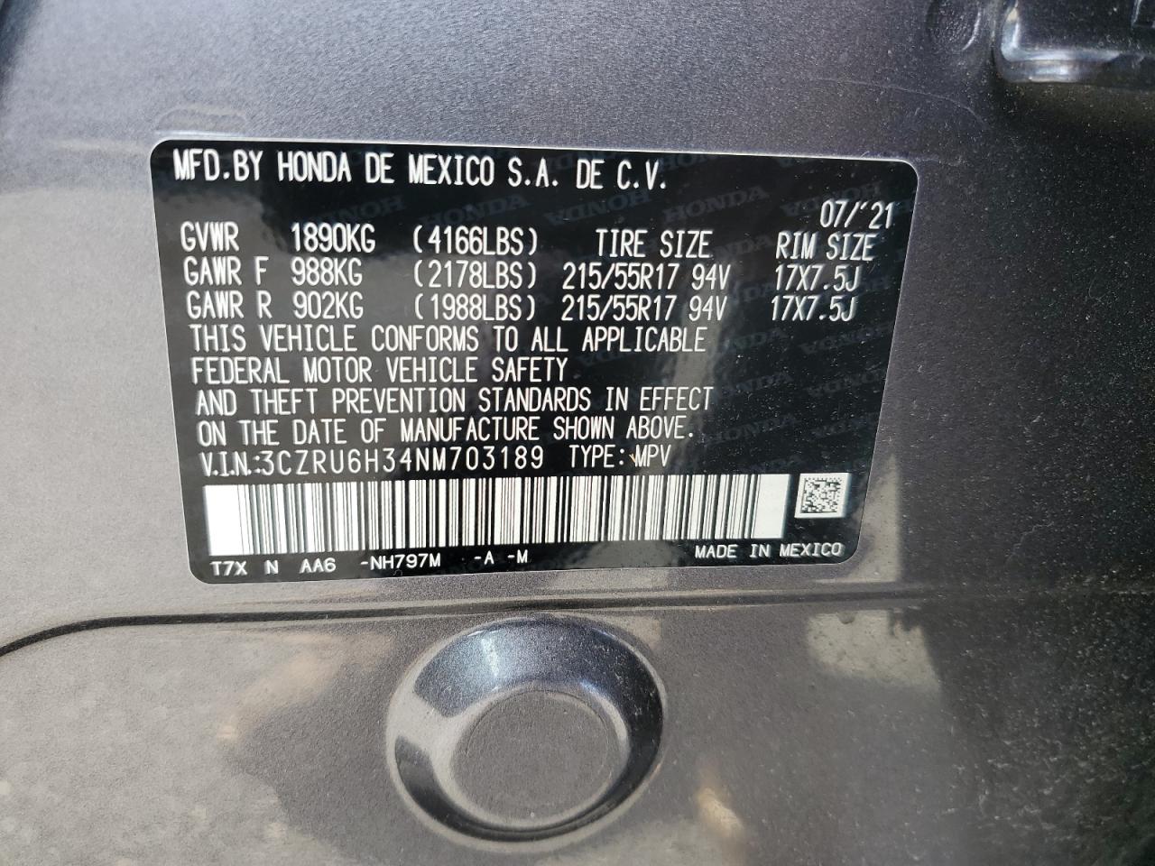 2022 Honda Hr-V Lx VIN: 3CZRU6H34NM703189 Lot: 85737875