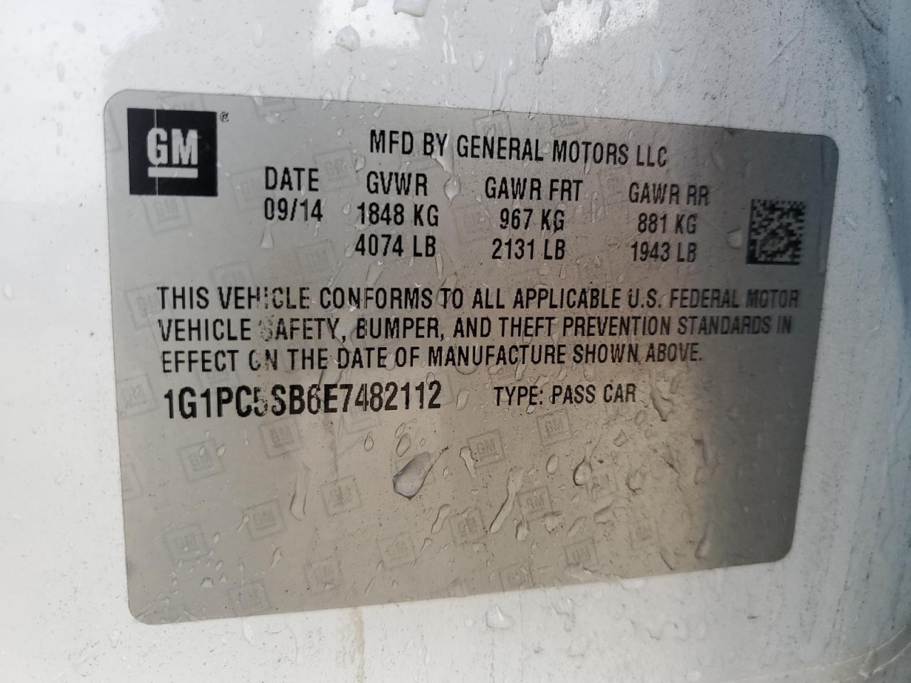 2014 Chevrolet Cruze Lt VIN: 1G1PC5SB6E7482112 Lot: 86484415