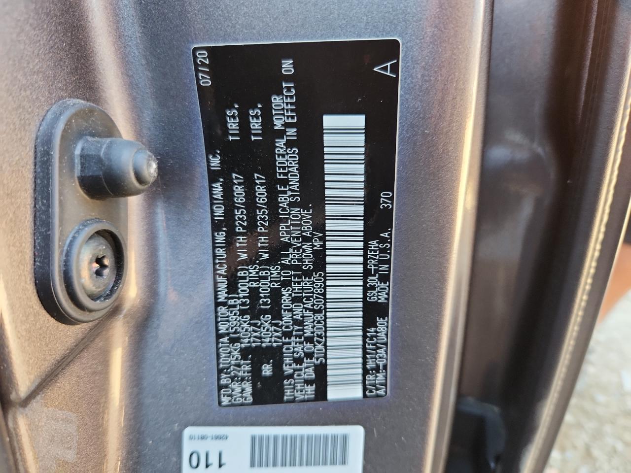 2020 Toyota Sienna Le VIN: 5TDKZ3DC8LS078905 Lot: 82002045