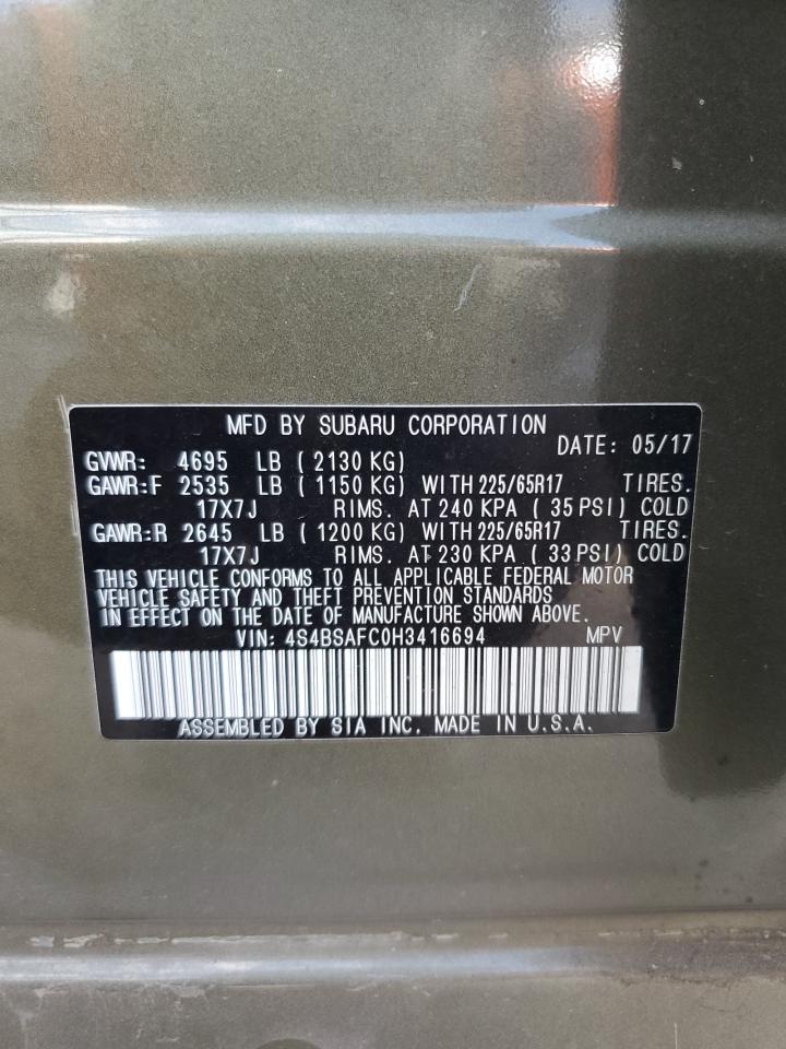 2017 Subaru Outback 2.5I Premium VIN: 4S4BSAFC0H3416694 Lot: 86896855