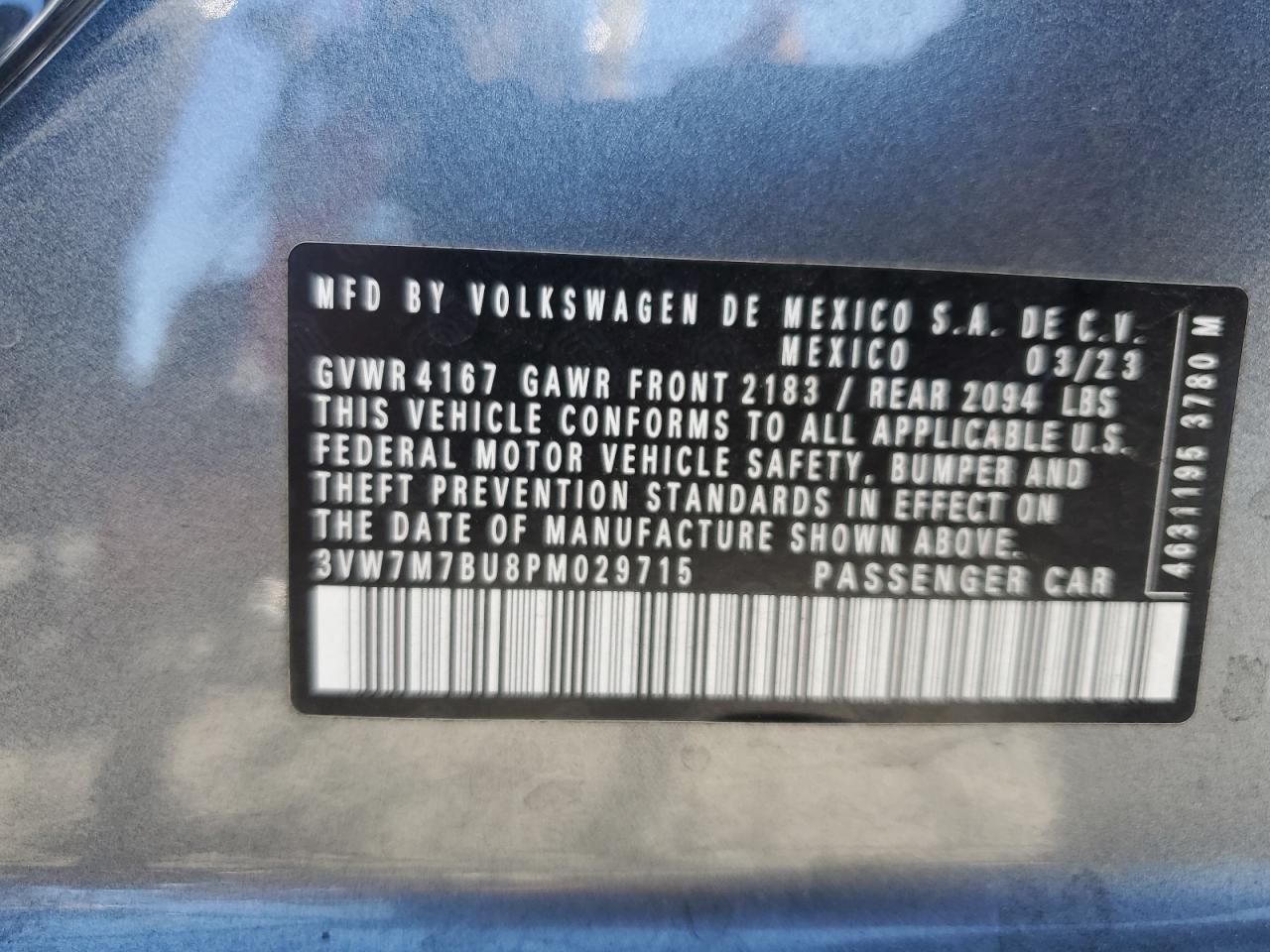 2023 Volkswagen Jetta Se VIN: 3VW7M7BU8PM029715 Lot: 86105085