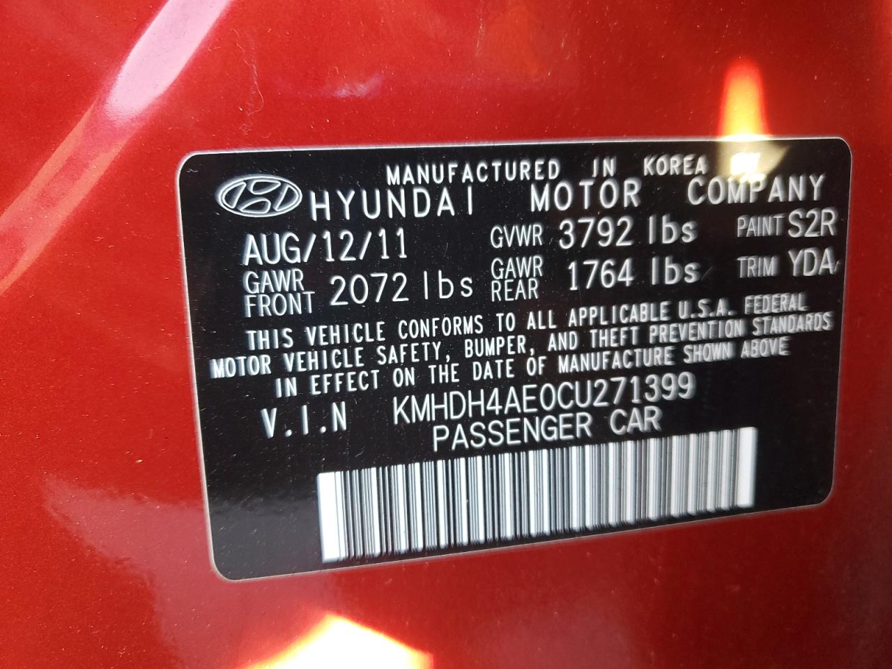 2012 Hyundai Elantra Gls VIN: KMHDH4AE0CU271399 Lot: 87399675