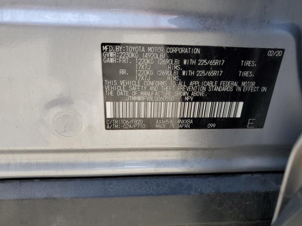 2020 Toyota Rav4 Le VIN: JTMMWRFV8LD060550 Lot: 72051455