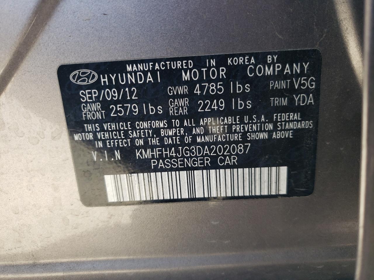 2013 Hyundai Azera Gls VIN: KMHFH4JG3DA202087 Lot: 85401595