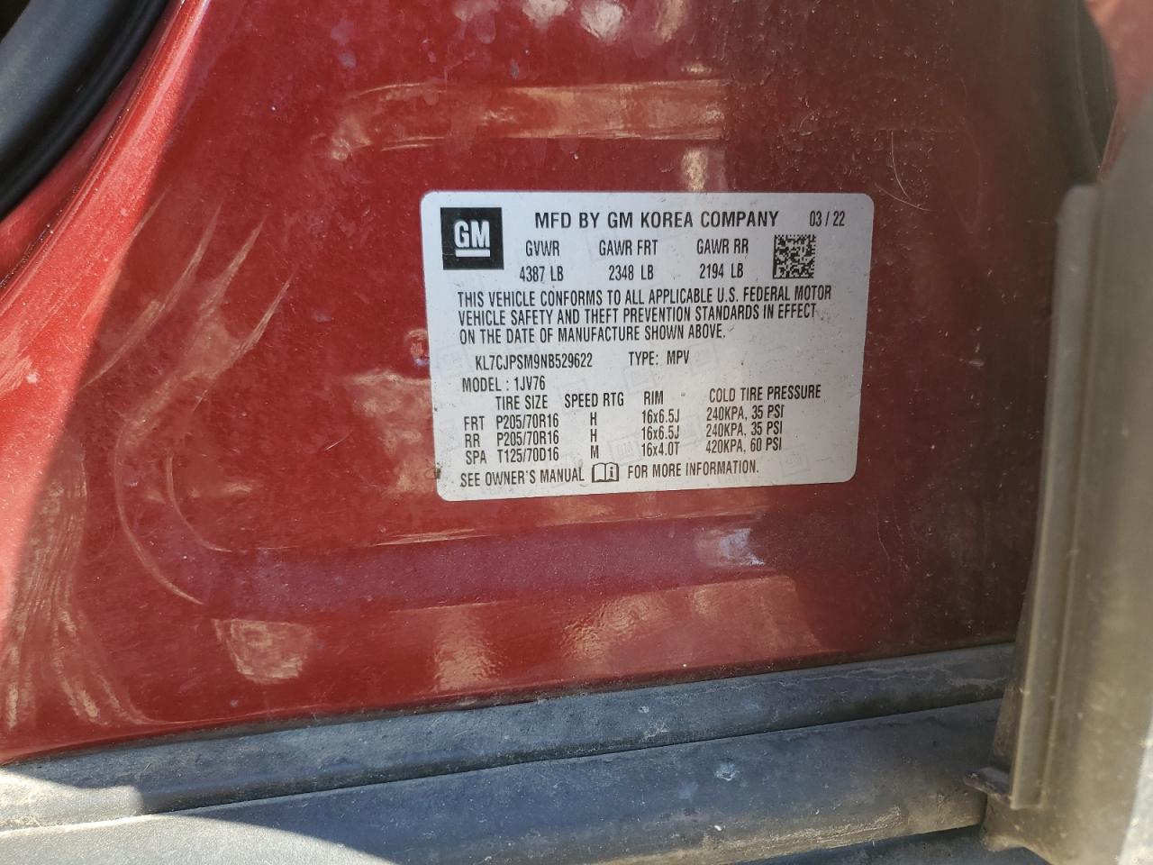 2022 Chevrolet Trax 1Lt VIN: KL7CJPSM9NB529622 Lot: 87066885