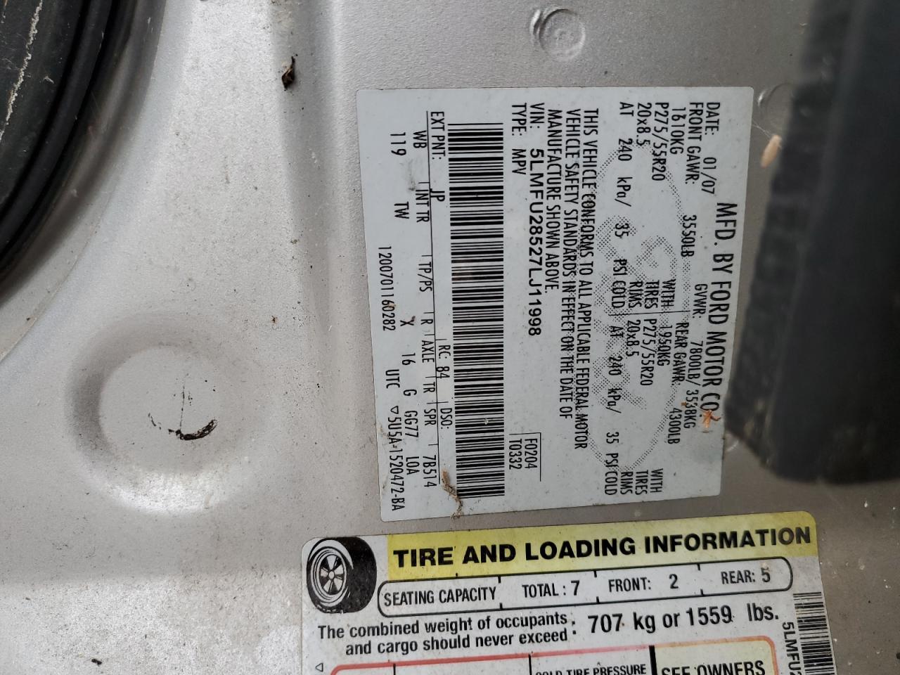 2007 Lincoln Navigator VIN: 5LMFU28527LJ11998 Lot: 89560125