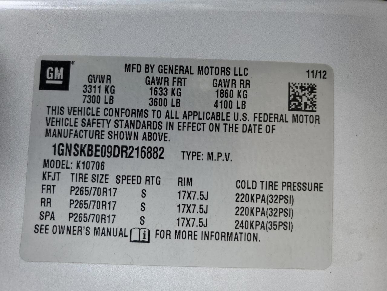 2013 Chevrolet Tahoe K1500 Lt VIN: 1GNSKBE09DR216882 Lot: 85284235