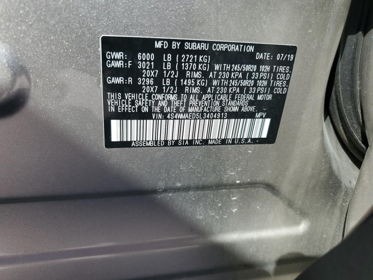 2020 Subaru Ascent Premium VIN: 4S4WMAED5L3404913 Lot: 82002035