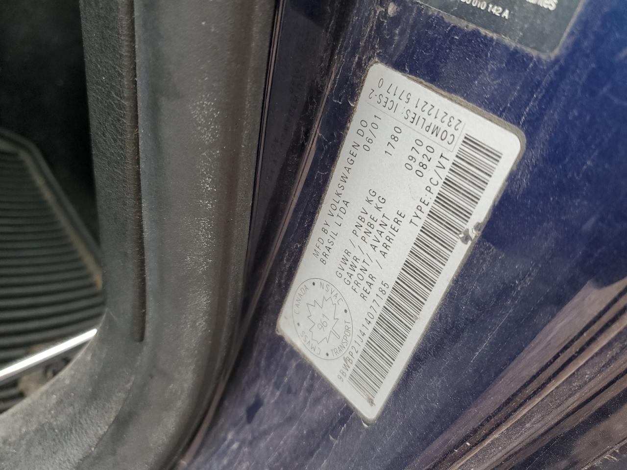 2001 Volkswagen Golf Gl Tdi VIN: 9BWBP21J414077185 Lot: 85291505